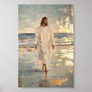 Poster Jesus caminha na água com roupas brancas