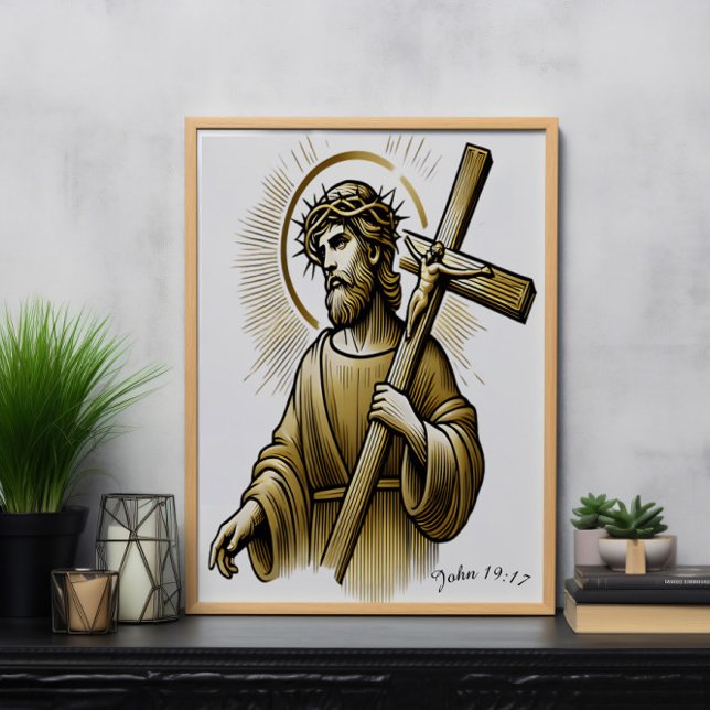 Poster Jesus Carregando Dourado Cruz com Graça (Criador carregado)