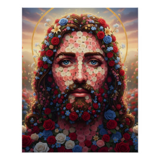Pôster Jesus Christ Floral Mosaic Portrait Spiritual Wall