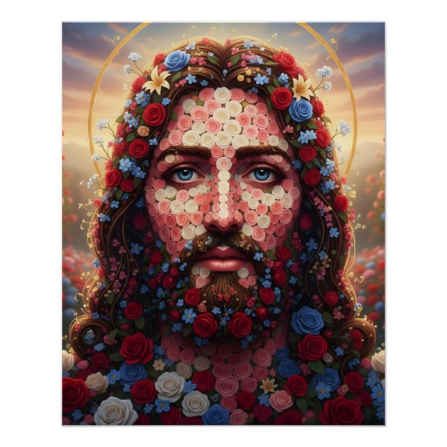 Pôster Jesus Christ Floral Mosaic Portrait Spiritual Wall (Frente)