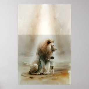 Poster Jesus com Criança e Leão Aquarela Arte Cristã