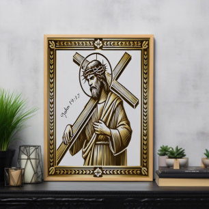 Poster Jesus com Dourada Cruz de Redenção