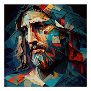 Pôster Jesus Cristo em Formas Geométricas Verde Azul e Âm