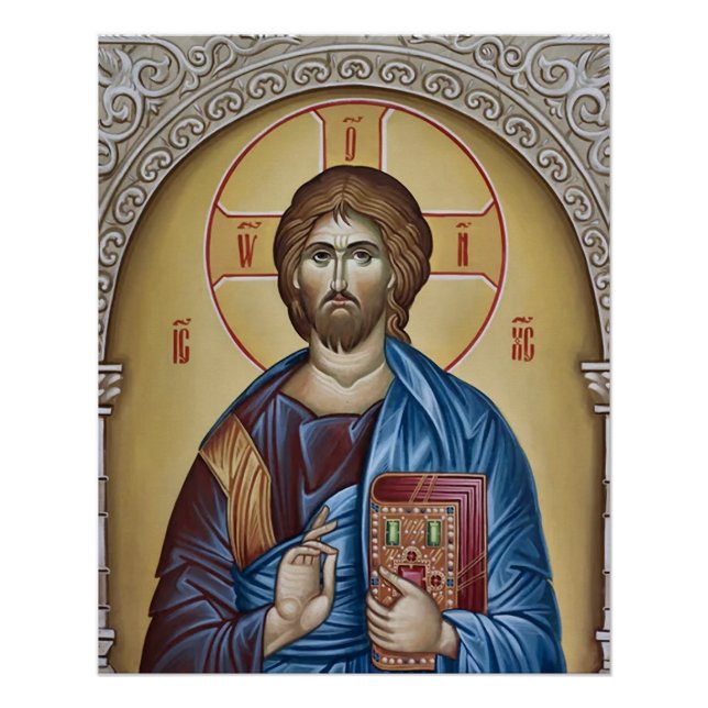 Pôster Jesus Cristo Segurando o Ícone Ortodoxo dos Evange (Frente)