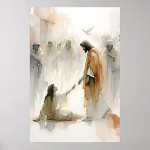 Poster Jesus Curando a Mulher Aquarela Milagre da Bíblia