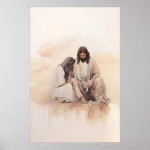 Poster Jesus Curando a Mulher Hemorrágica Aquarela Bíblia