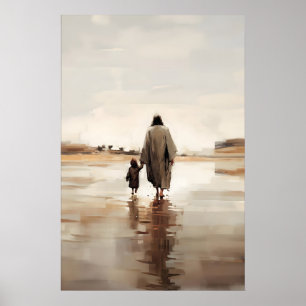 Poster Jesus e a Menina Aquarela Cena Bíblica