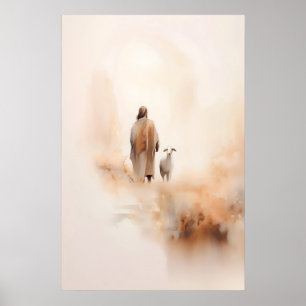 Poster Jesus e a Ovelha Perdida Aquarela Parábola Bíblica