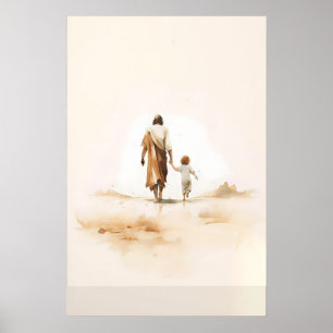 Poster Jesus e Criança Aquarela Arte Cristã para Berçário