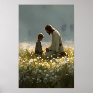 Poster Jesus e Menino em Campo de Flores Silvestres Impre