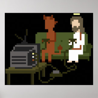 Poster Jesus E O Diabo Jogando Videos games Pixel Art