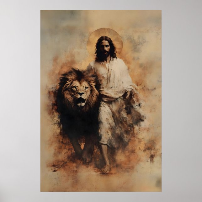 Poster Jesus E O Leão De Judá Aquarela Cristã (Frente)
