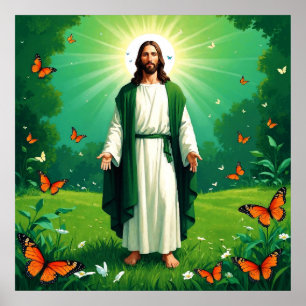Poster Jesus em um jardim cercado por borboletas