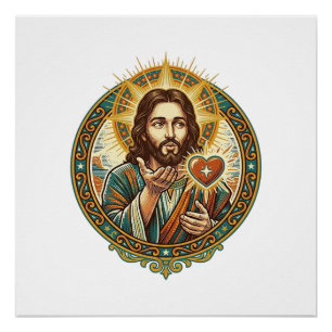 Pôster Jesus Mandando Beijo Coração Vermelho Botão Curtir