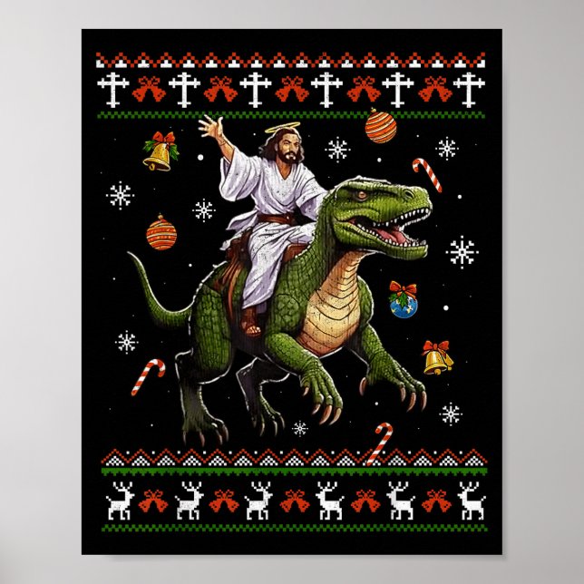 Poster Jesus Montado em Dinossauro Meme Engraçado Suéter  (Frente)