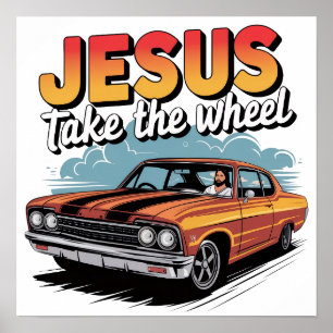 Poster Jesus Pega a Roda Vintage Muscle Car