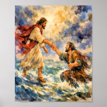 Jesus Resgatando Pedro Cartaz de Arte Cristã