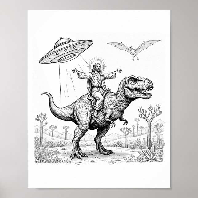 Poster Jesus Riding Dinosaur T-rex Ufo Hunting Alien Sci- (Frente)