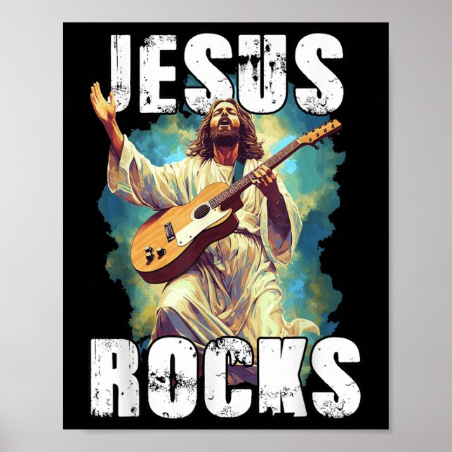 Poster Jesus Rocks With Guitar - Funny Christian Rocks Ch (Frente)