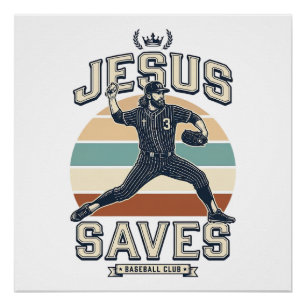 Pôster Jesus Salva Beisebol Vetor Desenho Cristão Vintage