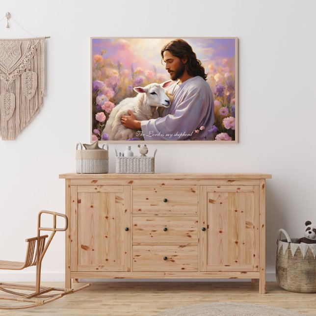 Poster Jesus Segurando a Ovelha Perdida Arte Cristã (Religious Poster Jesus Holding the Lamb The Lord is My Shepherd Art)