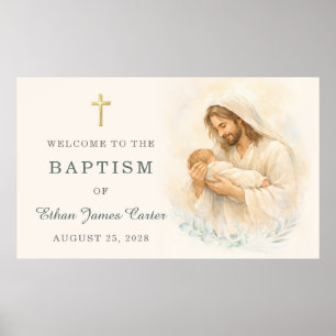 Poster Jesus Segurando Bebê Batismo Boas-Vindas Aquarela