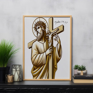 Poster Jesus segurando Dourada cruz em devoção