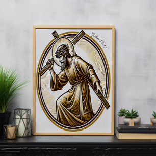 Poster Jesus Segurando Dourada Cruz Reverendentemente