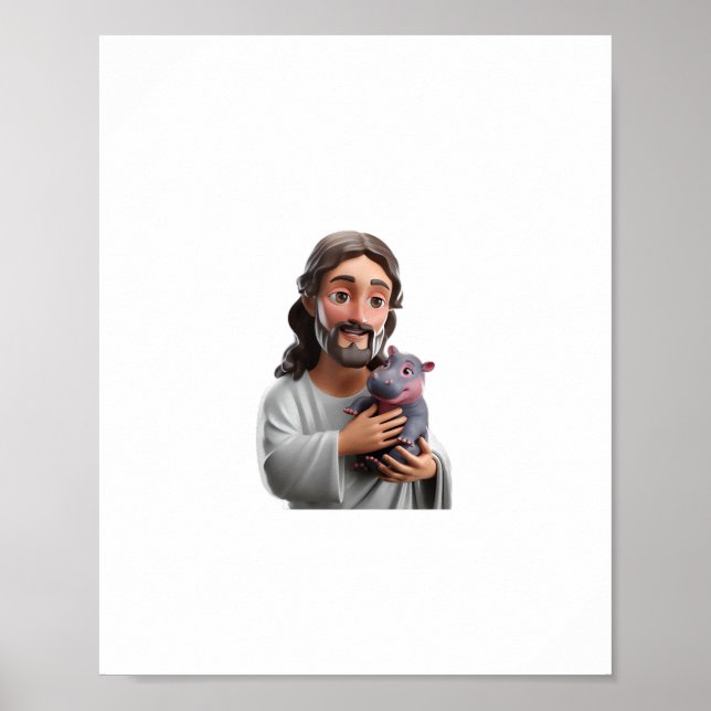 Poster Jesus Segurando Moo Deng_ Art Misturando Fé Símida (Frente)