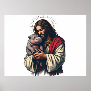 Poster Jesus segurando um bebê Moo Deng Hippo