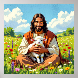 Poster Jesus segurando um Cordeiro   Páscoa Religiosa