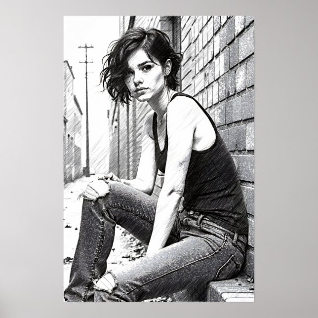 Poster Jeune femme grunge dans les brumes  (Frente)