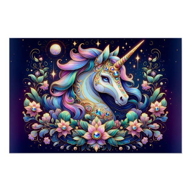 Pôster Jewel Toned Unicorn Floral Fantasy (Frente)