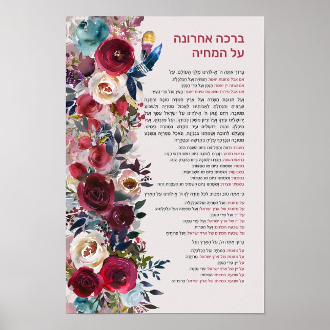 Poster Jewish Blessing After Meal Al haMichya in Hebrew (Frente)