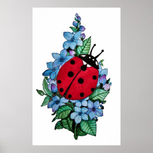 Poster Joaninha bonito da aguarela com as flores