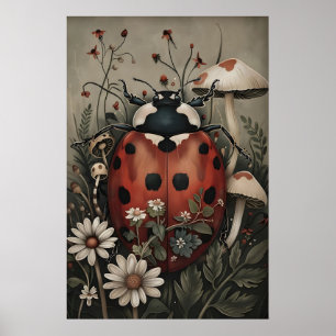 Poster Joaninha em jardim de flores escuras e cogumelos i