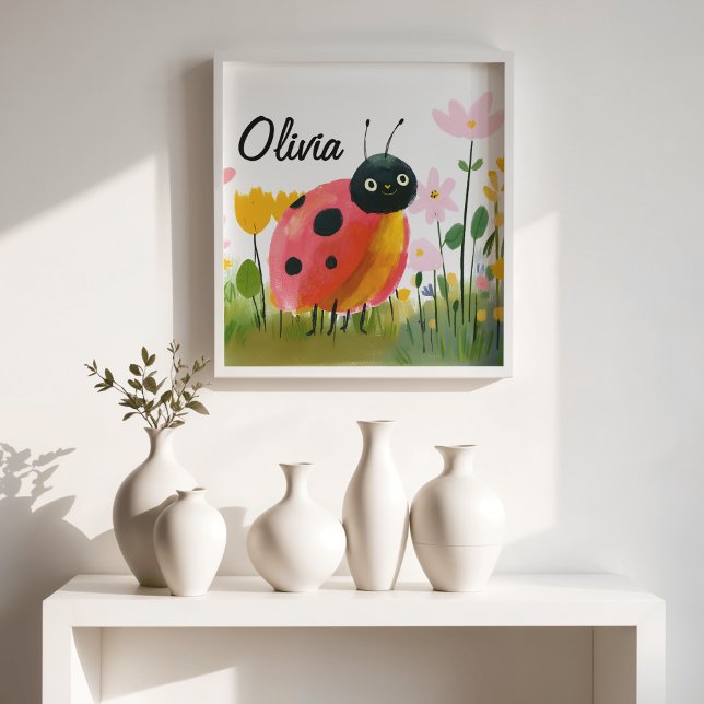 Poster Joaninha Fofa Flores Silvestres Nome da Menina (Cute Ladybug Wildflowers Girl's Name Poster)