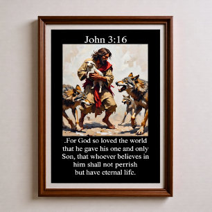 Poster João 3:16 Bom Pastor Protege Cordeiro de Lobos