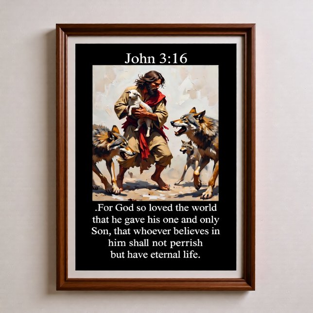 Poster João 3:16 Bom Pastor Protege Cordeiro de Lobos (Criador carregado)
