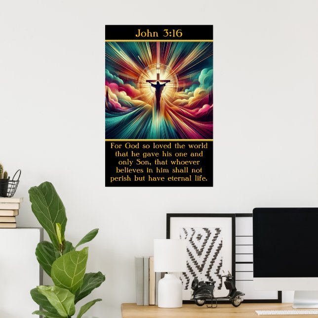 Poster João 3:16 Jesus em luz radiante e nuvens (Escritório em casa)