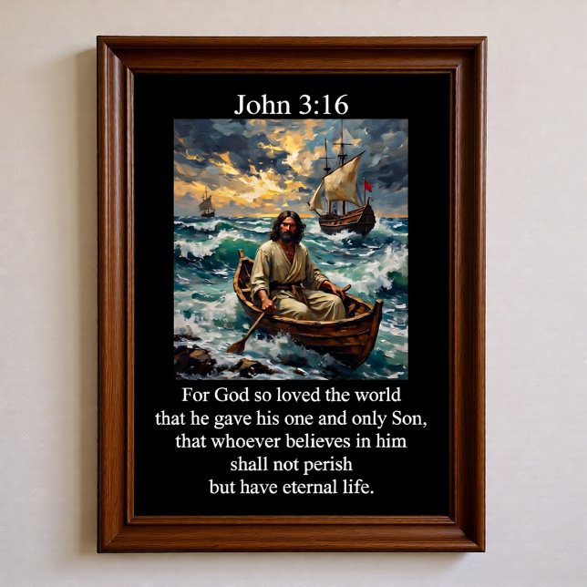 Poster João 3:16 Jesus Remando Barco de Madeira Mar Tempe (Criador carregado)