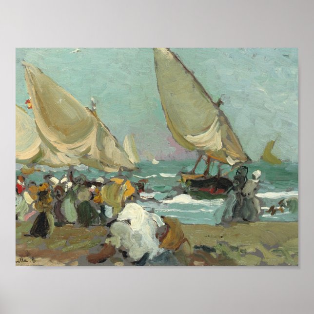 Pôster Joaquin Sorolla - Barcos na praia de Valência (Frente)