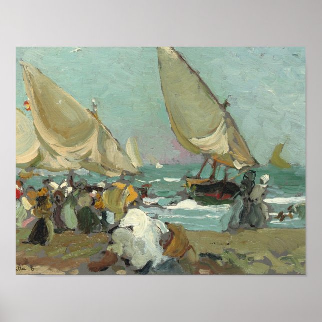 Pôster Joaquin Sorolla - Barcos na praia de Valência (Frente)