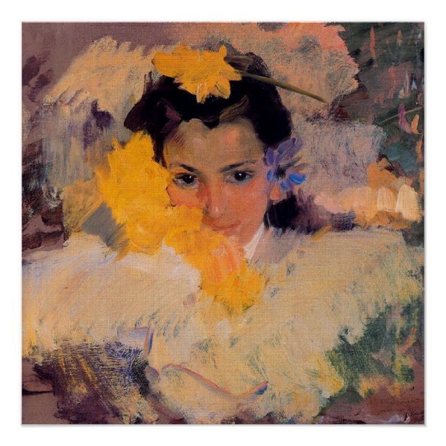 Pôster Joaquin Sorolla - Rapariga com Flores (Frente)