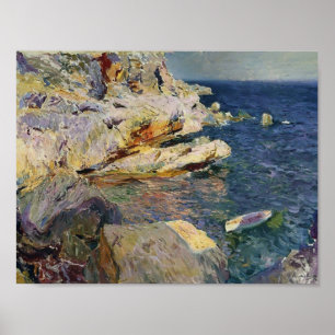 Pôster Joaquín Sorolla- Rochas e barco branco, Javea