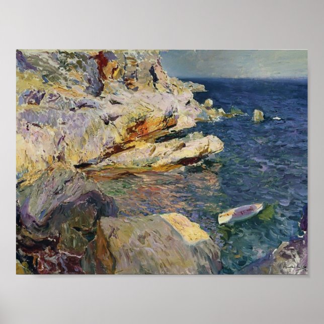 Pôster Joaquín Sorolla- Rochas e barco branco, Javea (Frente)