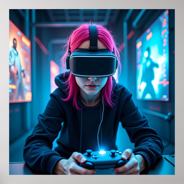 Poster "Jogador cibernético futurístico com AR Visor AI (Frente)