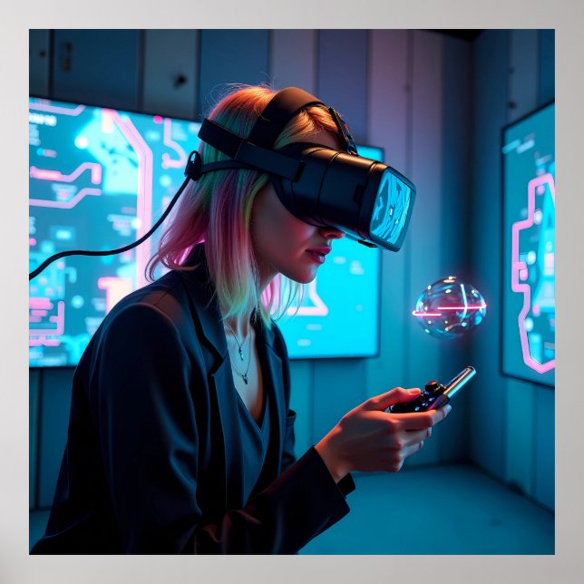 Poster "Jogador cibernético futurístico com AR Visor AI (Frente)