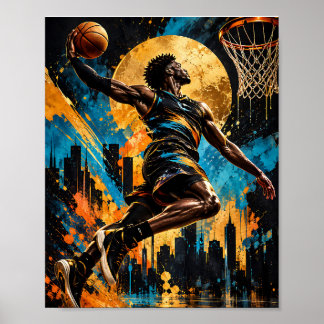 Poster Jogador de Basquete Abstrato Voando para a Cesta