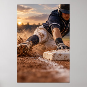 Poster Jogador de Beisebol Deslizando para a Base no Mura